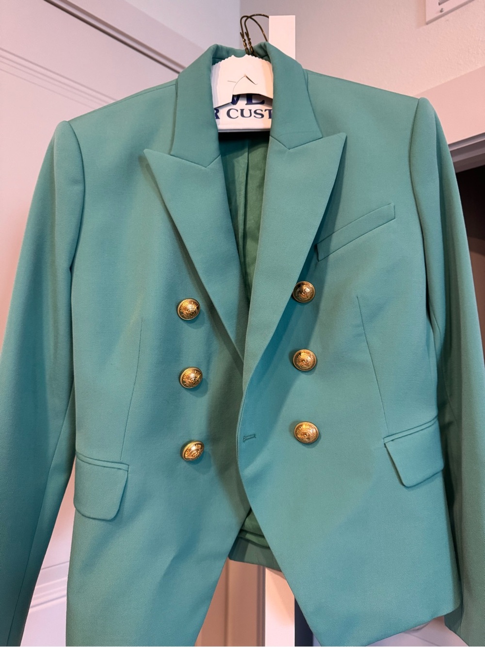 Balmain Teal Double-Breasted Blazer with Gold Buttons